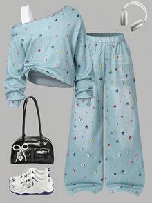 SHEIN 青少年女孩2件套，適合女孩，清新休閒風，校園日常、購物，春秋套裝，寬鬆針織極簡風，秋季亮片Y2K - 彩色 - 查看 4