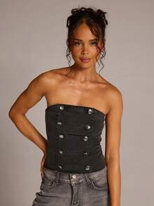 SHEIN BAE Sexy Fashion Black Washed Napoleon Tube Top Denim Blouse - Black - View 1