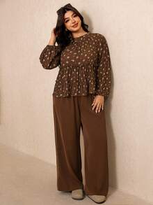 Elaquor Plus Size Women's All-Over Print Pleated Long Sleeve Top And Pants Casual 1920 Vintage Daily Vacation Going Out 2 Pieces Set Floral Summer Brown - Mocha Brown - View 5
