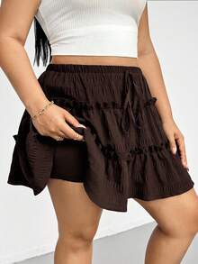 Shapeblank Falda de mujer talla grande unicolor con lazo en la cintura y bajo con volantes - Café integral - Ver 4