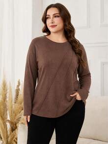 Lacomfia Autumn/Winter Elegant Round Neck Pullover Knit Textured Striped Plus Size Women's Long Sleeve T-Shirt - Brown - View 5