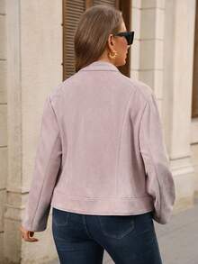 EMERY ROSE Plus Size Women's Autumn/Winter Casual Baggy Streetwear Elegant Fashion Faux Suede Zip Up Pink Jacket With Pockets, Party Club Family Office Fall Coat - Pink - View 5