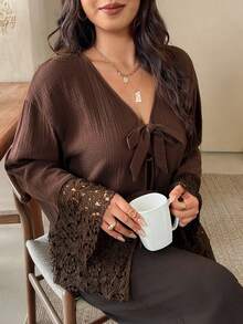 SHEIN Frenchy Plus Size Casual Lace-Up Ruffle Patchwork Textured Fabric V-Neck Long Sleeve Shirt - Brown - View 4
