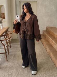 SHEIN Frenchy Plus Size Casual Lace-Up Ruffle Patchwork Textured Fabric V-Neck Long Sleeve Shirt - Brown - View 5