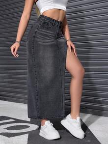 SHEIN EZwear 女款高腰側開衩下擺休閒性感街頭風牛仔裙，適合外出、夜生活、夜店，灰色，秋季 - 黑色 - 查看 4