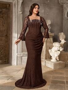 Aureia Plus Size Elegant Romantic Coffee Lace Square Neck Computer Beaded Craft Fishbone Ruched Fitted Mermaid Hem Party Ball Vacation Wedding Event Evening Dinner Guest Dress - Coffee Brown - View 7