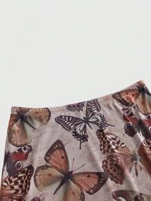 ROMWE Fairycore Plus Size Women Forest Style Moth Multi-Color Floral Plant Mesh Print A-Line Skirt - Multicolor - View 3