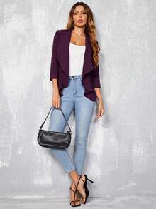 SHEIN LUNE 秋冬款純色開襟休閒西裝外套 - 紫色 - 查看 3