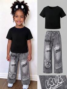 Elladie kids 女童塗鴉字母印花 2 件套套裝，短袖純黑色 T 上衣搭配灰色鬆緊腰寬腿長褲，休閒街頭風 - 黑色 - 查看 5