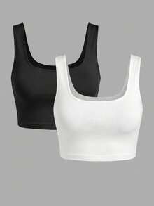 SHEIN SXY 2件裝黑白基礎款短版方領細肩帶背心上衣 - 黑與白 - 查看 1
