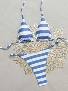 Swim Vcay Women's Sexy Vacation Halter Neck Triangle Cup Striped Print Bow High Leg Bikini Two-Piece Swimwear Set - Baby Blue - View 4