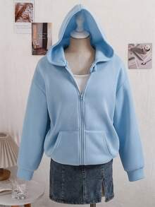 SHEIN Sparklyn 秋冬季青少年女孩連帽拉鍊外套－街頭風衛衣，保暖針織面料，適合秋冬穿著 - 淺藍色 - 查看 4