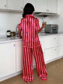ZzzCrew Red Vertical Stripe Funny Dachshund Print Lapel Pajama Set - Red - View 3