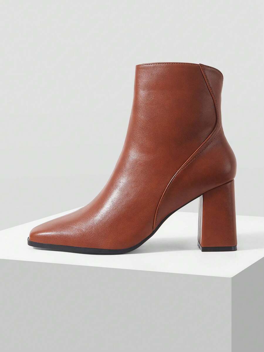 MOTF PREMIUM WOMEN'S FASHION SIMPLE SOLID SIDE ZIP HIGH HEEL ANKLE BOOTS, SPRING SHOES FOR EASTER AND CHRISTMAS - yellowish brown - View 2