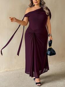 SHEIN CURVE+ Plus Size Elegant Casual Celestial Party Cocktail Formal Evening Dinner Solid Color Asymmetric Neckline Summer 2026 22W Wedding Dark Green - Purple - View 5