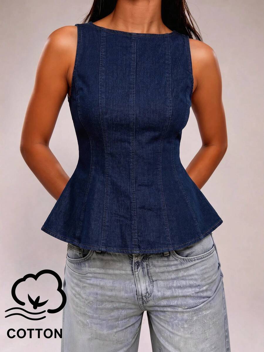 SHEIN BAE 优雅时尚的靛蓝色牛仔V领荷叶边无袖牛仔上衣，适合春夏休闲、日常穿着、通勤、与朋友聚会等多种场合。 - 中等水洗藍 - 查看 1