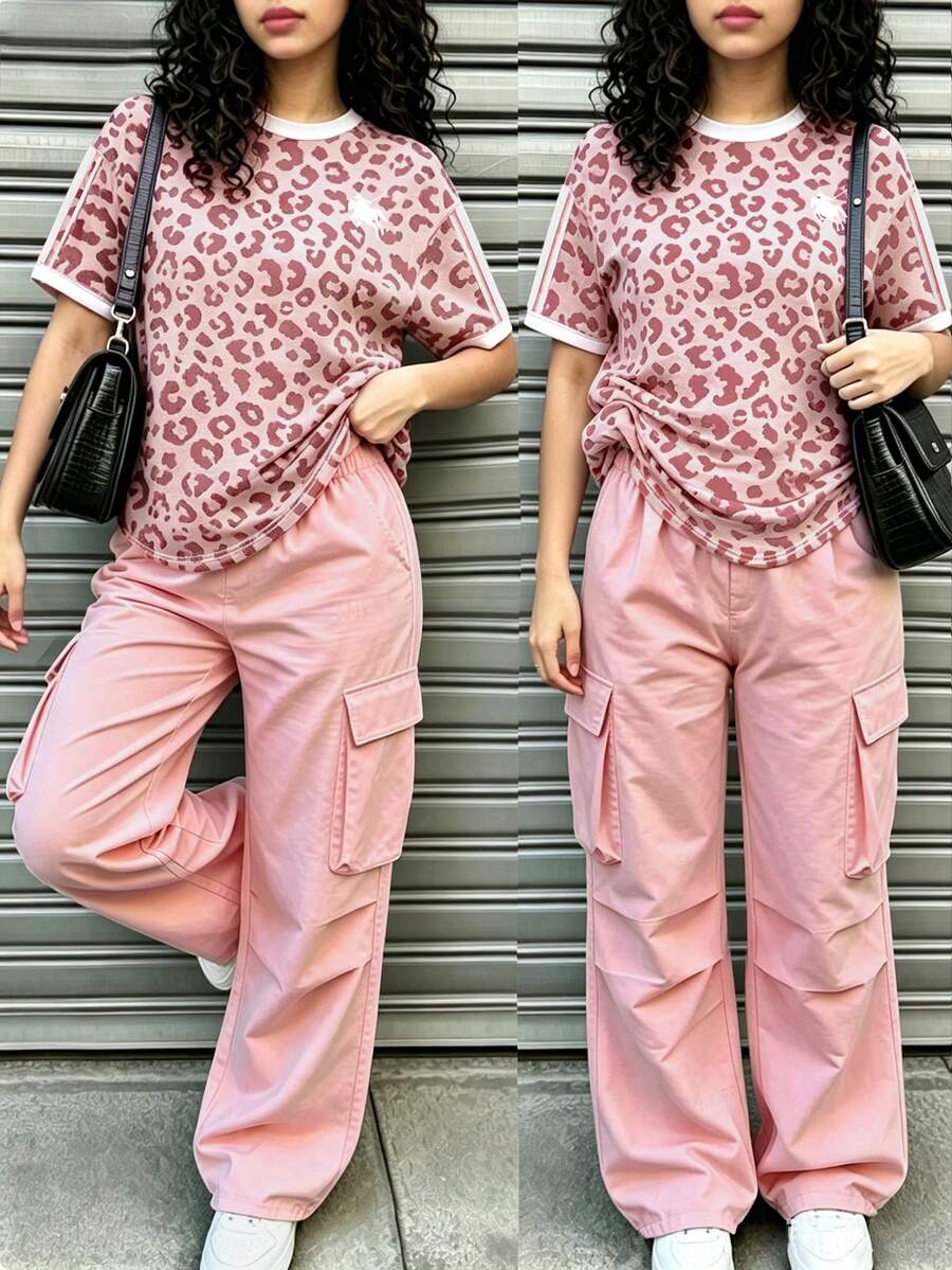 SHEIN 青少年女孩豹紋條紋拼色短袖T恤與工裝褲套裝,休閒穿搭 - 粉色 - 查看 1