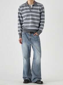 DAZY Men's Blue Grey White Striped Polo Collar Sweater, Spring Autumn - Multicolor - View 3