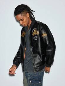 Modcrash New Spring Autumn Embroidery Racing Suits Boyfriend Style Men Leather Jacket Male Outerwear Motorcycle PU Leather Jacket Winter Riding Fall/Autumn/Winter - Black - View 5