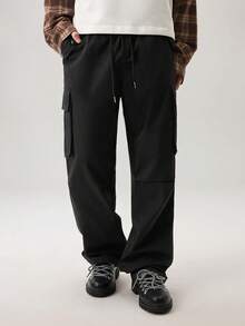 Men's Casual Solid Color Multi-Pocket Drawstring Waist Cargo Pants, For Fall Wide Leg - Black - View 4