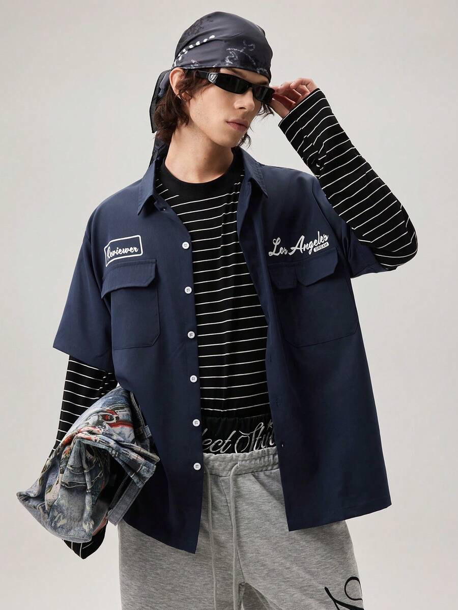 Manfinity Streetrush Men's Loose Fit Utility Pocket Design Casual Shirt, Blue Button-Up Short Sleeve Multi Streetwear - Navy Blue - View 1