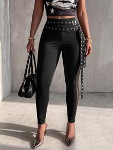 Eryvara Women's New Double Layer Waist Ring Tie Leggings, Side Slit Mesh Patchwork Slim Fit Long Pants - Black - View 3