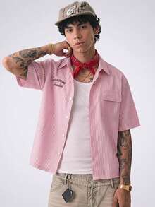 NORVETH Men's Striped Print Button-Front Casual Short Sleeve Shirt - Pink - View 1