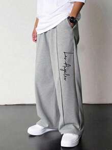 SHEIN Quần nỉ ống đứng xếp ly họa tiết in chữ phong cách thường ngày cho bé trai tuổi teen, mùa đông - Màu Xám nhạt - Xem 1