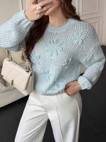 Feyla Women's 3D Floral Decor Casual Cute Romantic Everyday Brunch Long Sleeve Sweater Date Night Blue Floral Autumn - Baby Blue - View 3