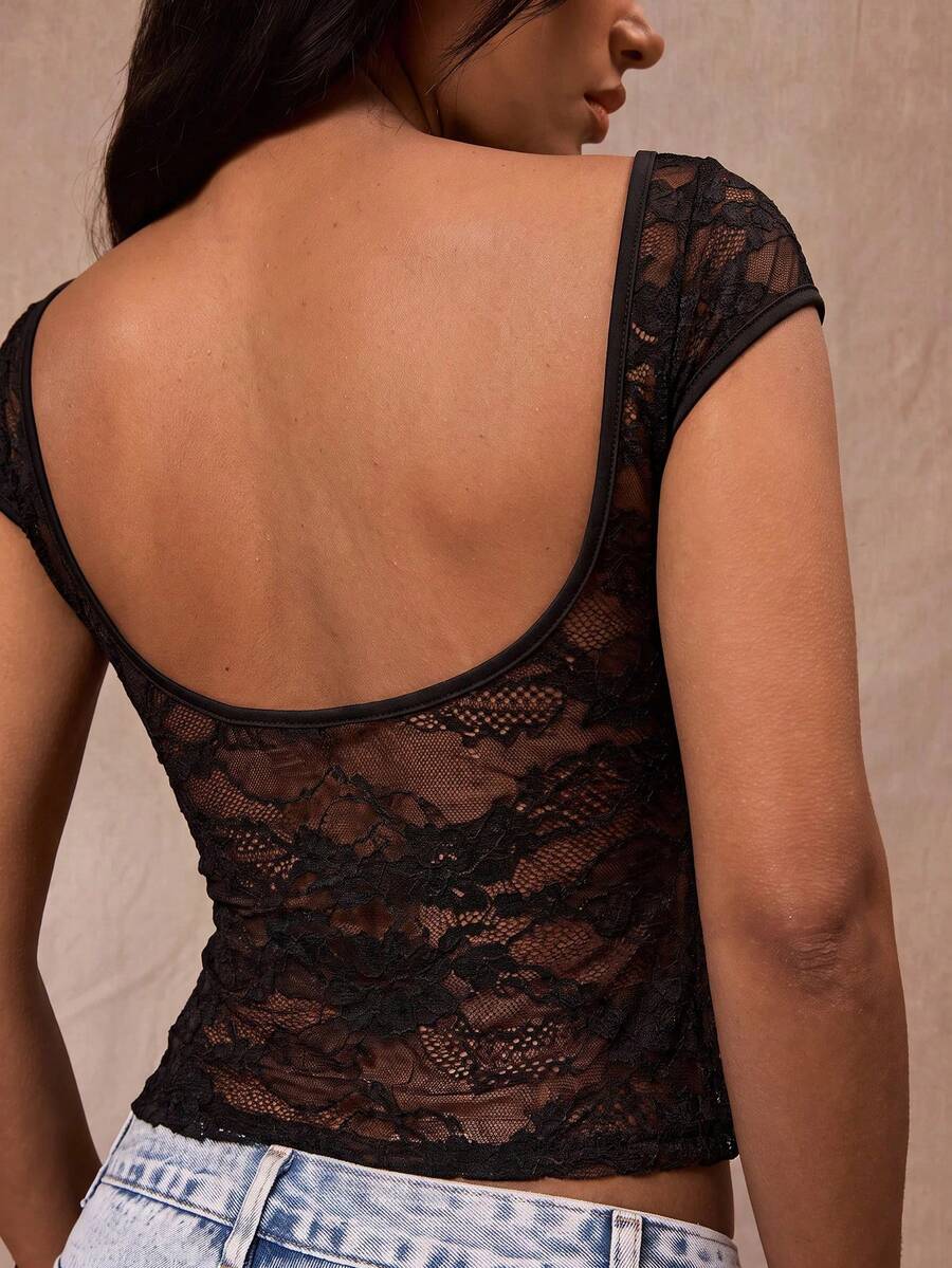 Opulessa 女款蕾絲性感百搭約會與外出上衣 - 黑色 - 查看 1