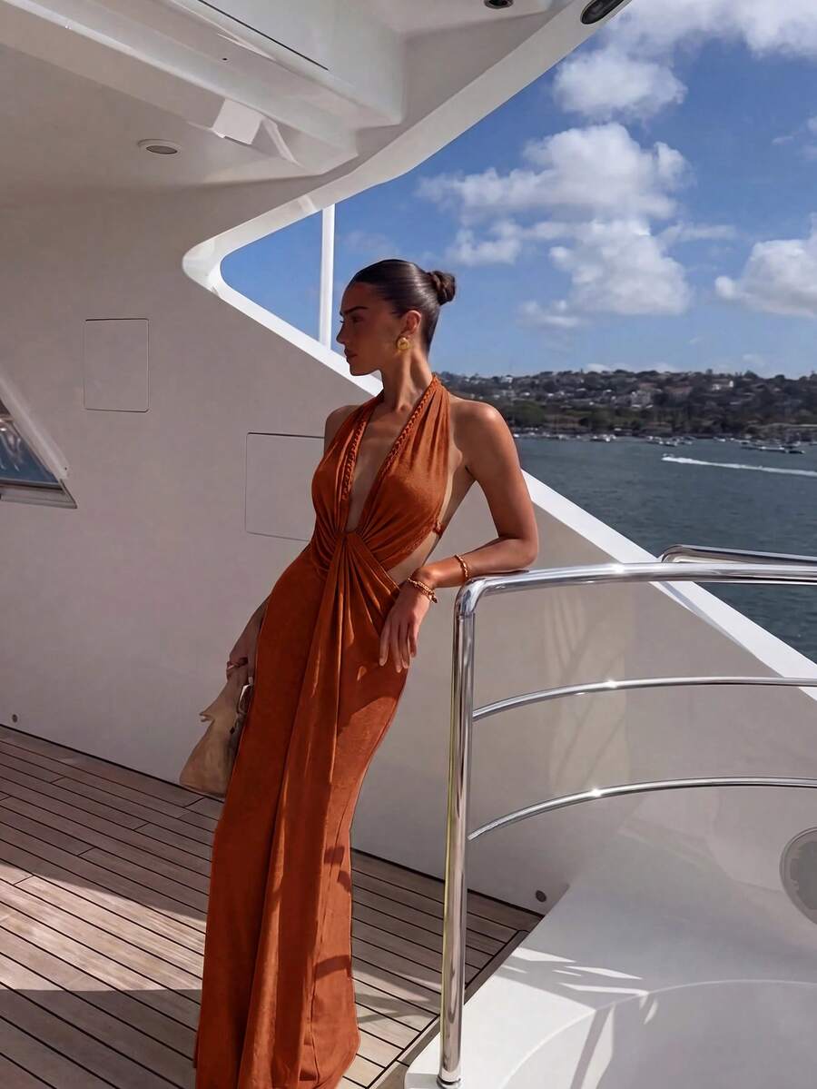 Firerie Women's Solid Color Deep V-Neck Backless Sexy Halter Dress For Vacation - Rust Brown - View 1