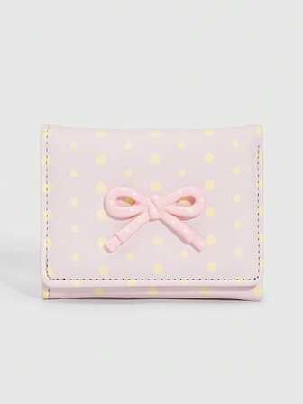 Una linda bolsa de cambio con lazo de lunares rosas, una billetera pequeña de tres pliegues con estampado de lunares de moda, una bolsa de tarjetas conveniente para llevar contigo, y una de vuelta a