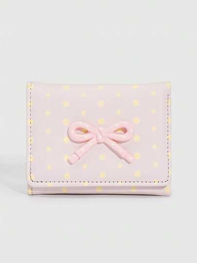 A Cute Pink Polka Dot Bow Change Bag, A Fashionable Polka Dot Printed Three-Fold Small Wallet, A Convenient Card Bag To Carry With You, And A Back-To-