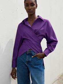 Aveloria Modichic Solid Criss Cross Wrap Front Shirt Workwear  - Purple - View 1