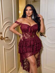 NU&NOW Gaun Asimetris Berlapis Ruffle Seksi Ukuran Plus - Burgundy - View 5