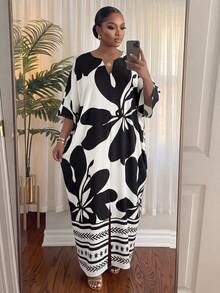 SHEIN Lady CURVE 大尺碼女款拼色休閒優雅日常度假夏季旅行洋裝 早午餐正式度假花卉白色 - 黑色 - 查看 3