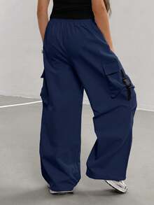 Teen Girl Casual Versatile Solid Color Cargo Pants - Navy Blue - View 2