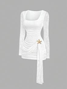 Sweetra Fashion Lace Starfish Metal Buckle Decor Ruched Bodycon Mini Dress, Vacation Beach Style, Suitable For Vacation And Party Wear - White - View 1