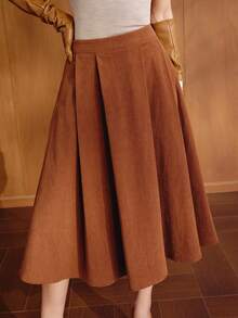 MOTF PREMIUM WOMEN'S AUTUMN/WINTER CORDUROY SOLID COLOR FOLD PLEATED SKIRT - Brown - View 4