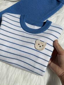 SHEIN Classic Striped Cartoon Bear Knit Sweater Set For Baby Boys Autumn Fall - Grey - View 4