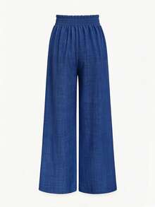 Elenzga Pantalones de Primavera/Otoño con Anillo Metálico, Pierna Ancha y Cintura Plisada - Azul - Ver 2
