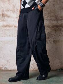 Skyrend Men's Spring/Autumn Casual Fashion Straight Leg Cargo Pants With Side Pockets And Button Closure For Outdoor Wear Grunge - Pure Black - View 1