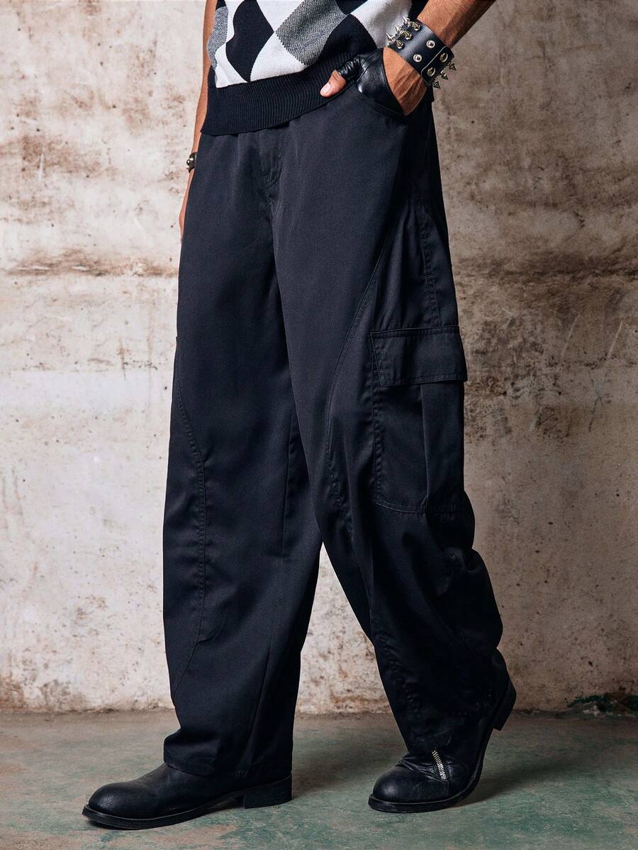 Skyrend Men's Spring/Autumn Casual Fashion Straight Leg Cargo Pants With Side Pockets And Button Closure For Outdoor Wear Grunge - Pure Black - View 1