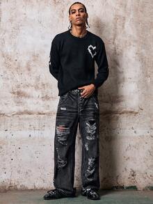 Skyrend Autumn/Winter New Personalized Angel Cartoon Pattern Jacquard Knit Casual Retro Versatile Long Sleeve Crew Neck Sweater - Black - View 3