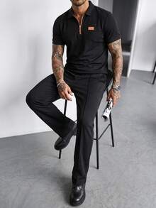 Manfinity CasualCool 男士字母印花丹寧短袖 Polo 衫與抽繩腰長褲休閒套裝 - 黑色 - 查看 4