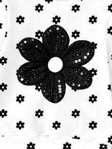 (3 conjuntos) Sudadera básica de cuello redondo con estampado de leopardo, lunares, lazo y patrón floral negro, estilo minimalista y fresco para niñas, con leggings, otoño e invierno - Multicolor - Ver 6