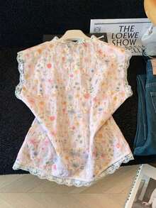 GlowEve Women's Floral Pattern Contrast Lace Single-Breasted Vest Shirt - Multicolor - View 2
