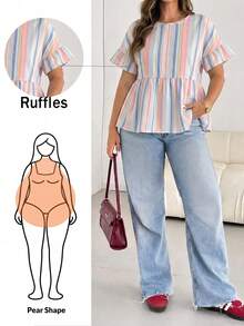 Shapeblank Women's Casual Colorblock Striped Print Plus Size Round Neck Ruffle Short Sleeve Blouse, Summer - White - View 3