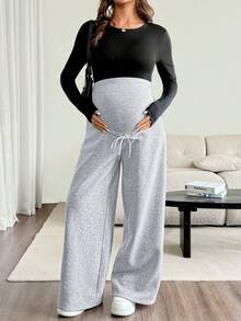 SHEIN Maternity Solid Color Adjustable Waist Casual Versatile Daily Wear Sweatpants - Grey - View 3
