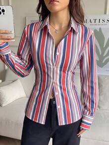 SHEIN EZwear Chemise ajustée à manches longues pour femme, style Old Money décontracté, rayures bleues et blanches, boutons devant, taille cintrée à l'arrière, pour vacances, bureau, affaires, automne - Multicolore - Voir 5
